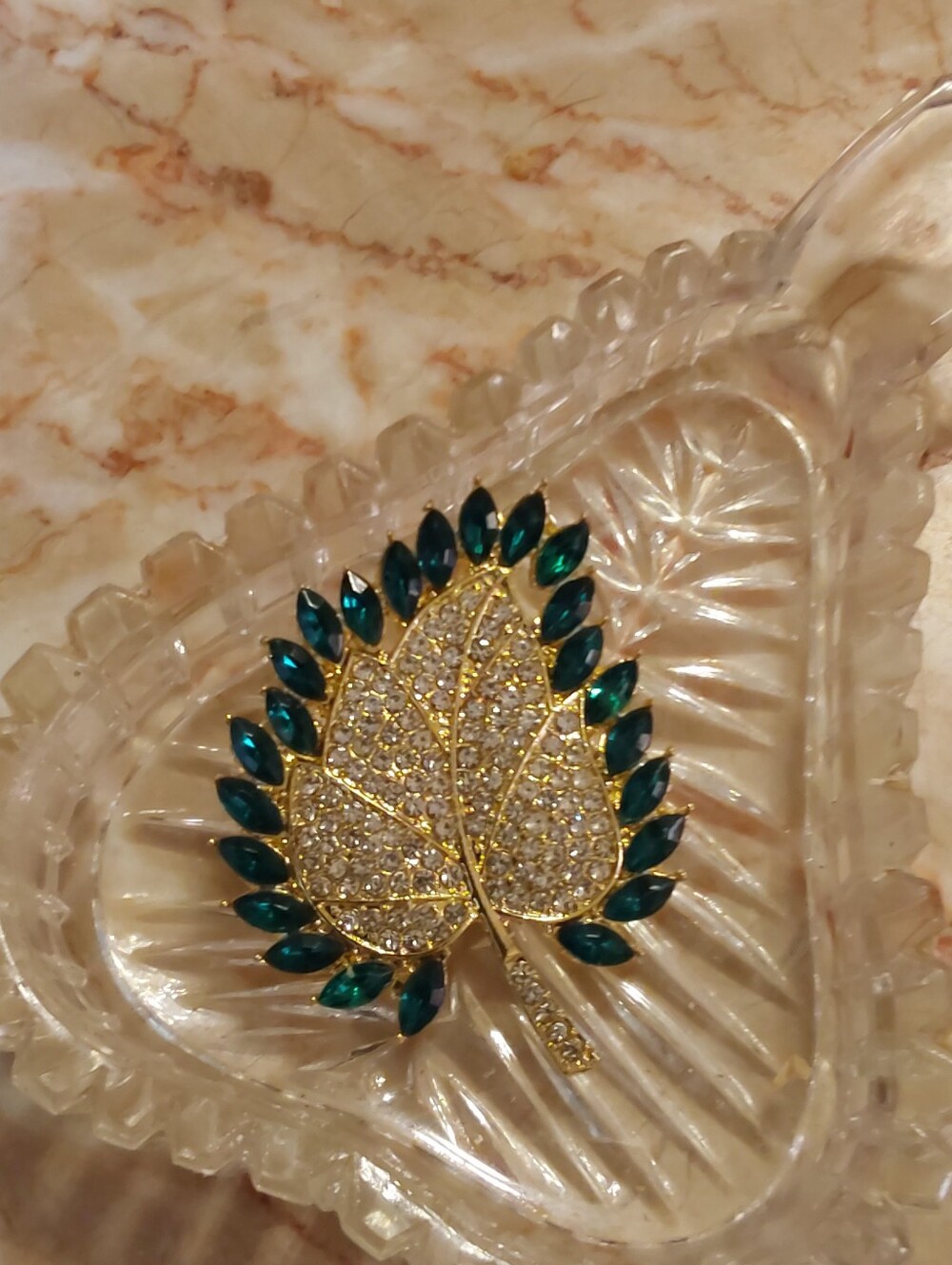 1960s Pave' Rhinestones And Faux Emeralds Brooch, Vintage Leaf Design